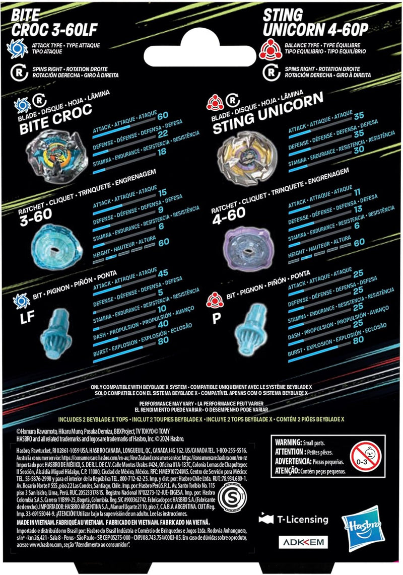 Beyblade X Bite Croc 3-60LF and Sting Unicorn 4-60P  Dual Pack Set - Collectables > Action Figures > toys -  Hasbro