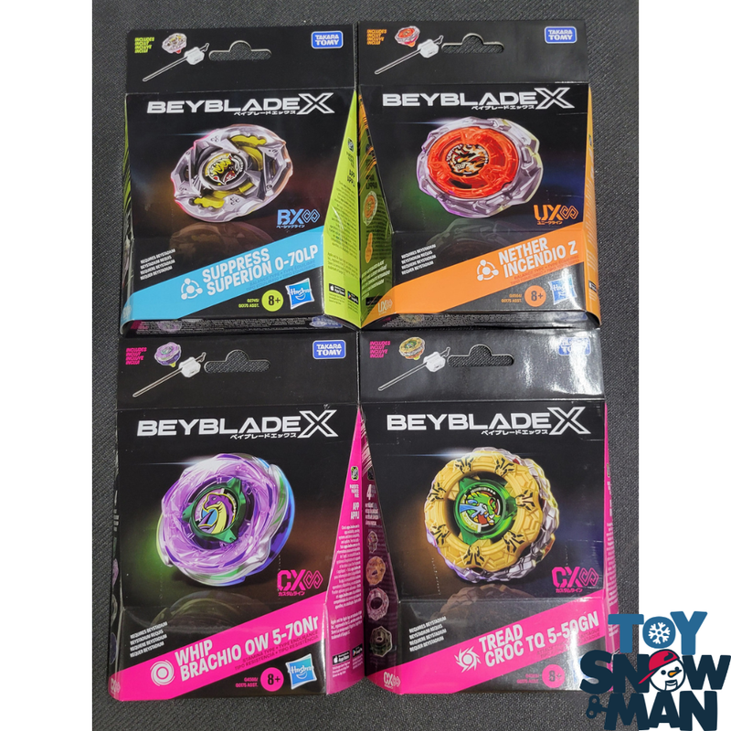 Beyblade X Tread Croc TQ 5-50GN CX & Whip Brachio OW 5-70Nr CX & Nether Incendio Z UX & Suppress Superion 0-70LP BX Infinity Starter Pack Bundle