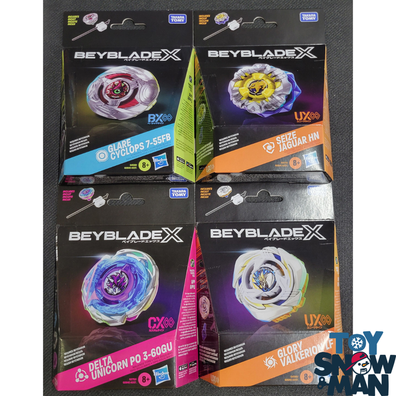 Beyblade X Delta Unicorn PO 3-60GU CX & Glory Valkerion LF UX & Seize Jaguar HN UX & Glare Cyclops 7-55FB BX Infinity Starter Pack Bundle