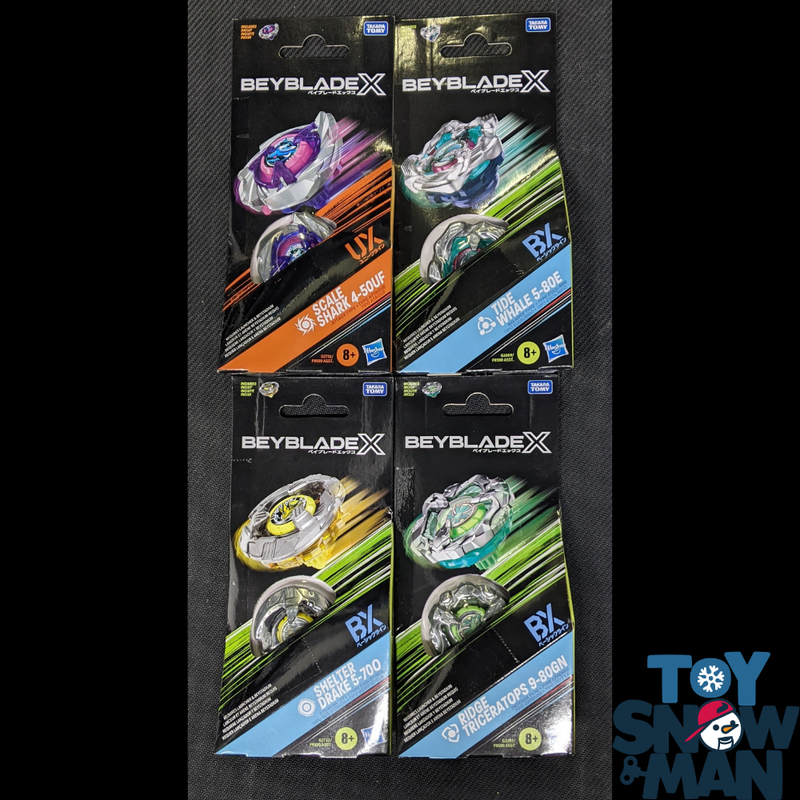 Beyblade X Scale Shark 4-50UF & Tide Whale 5-80E & Shelter Drake 5-70O & Ridge Triceratops 9-80GN Bundle