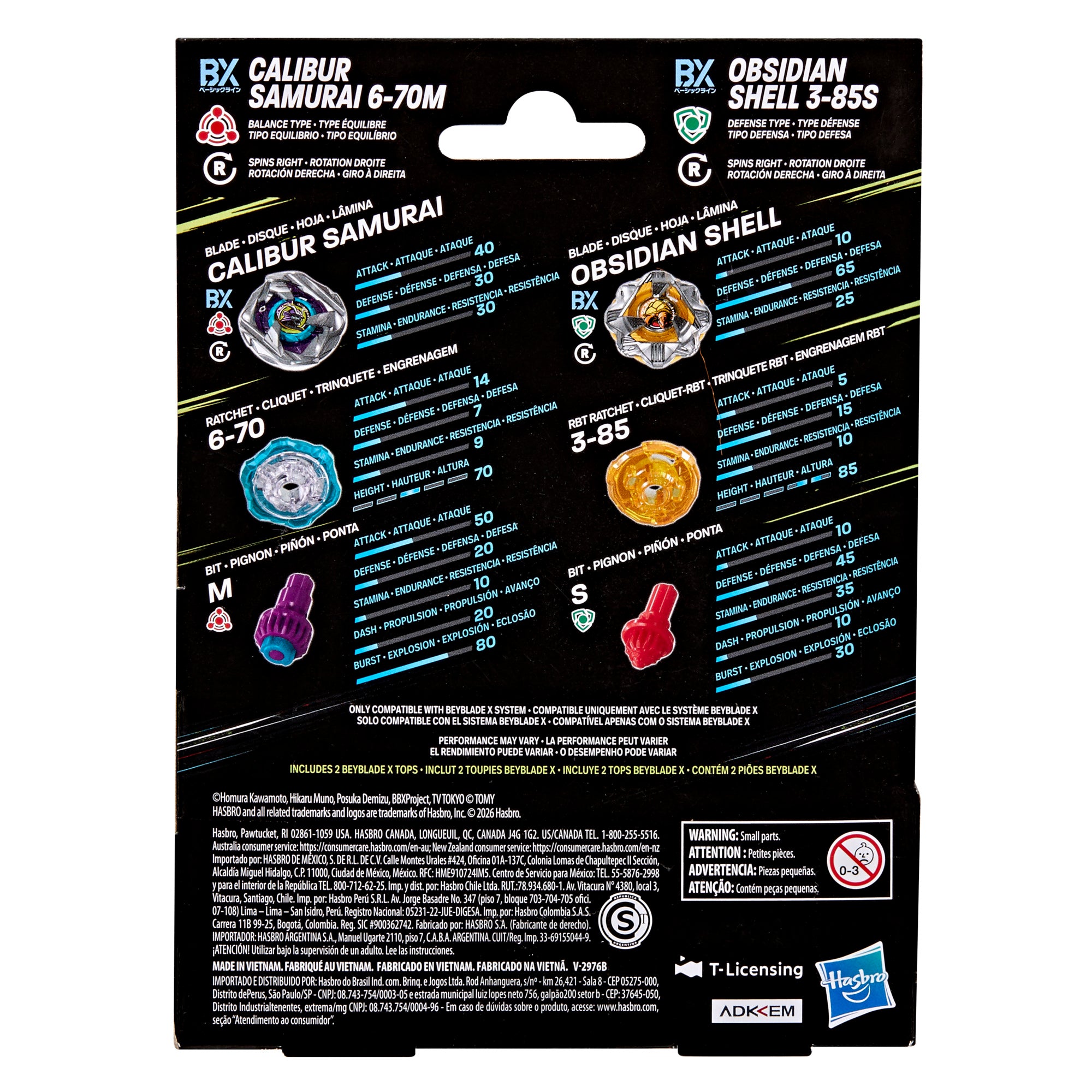 Beyblade X Calibur Samurai 6-70M BX & Obsidian Shell 3-85S BX Dual
