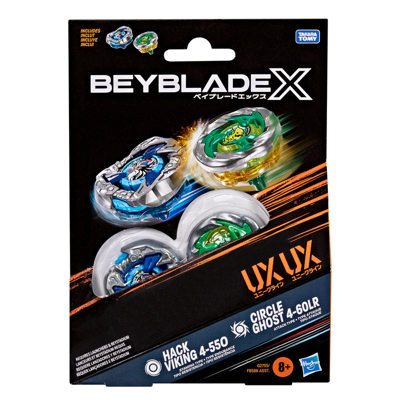 Beyblade X Dual Pack Circle Ghost 4-60LR UX et Hack Viking 4-55O UX, 2 toupies de Combat Takara Tomy à Rotation Droite, dès 8 Ans Beyblade X Dual Pack Circle Ghost 4-60LR UX et Hack Viking 4-55O UX, 2 toupies de Combat Takara Tomy à Rotation Droite, dès 8 Ans