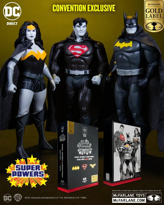 DC Super Powers Batman, Superman & Wonder Woman Black & White Accent Edition Gold - 3 Pack - SDCC