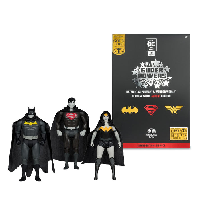 DC Super Powers Batman, Superman & Wonder Woman Black & White Accent Edition Gold - 3 Pack - SDCC