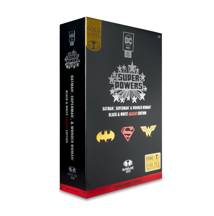 DC Super Powers Batman, Superman & Wonder Woman Black & White Accent Edition Gold - 3 Pack - SDCC