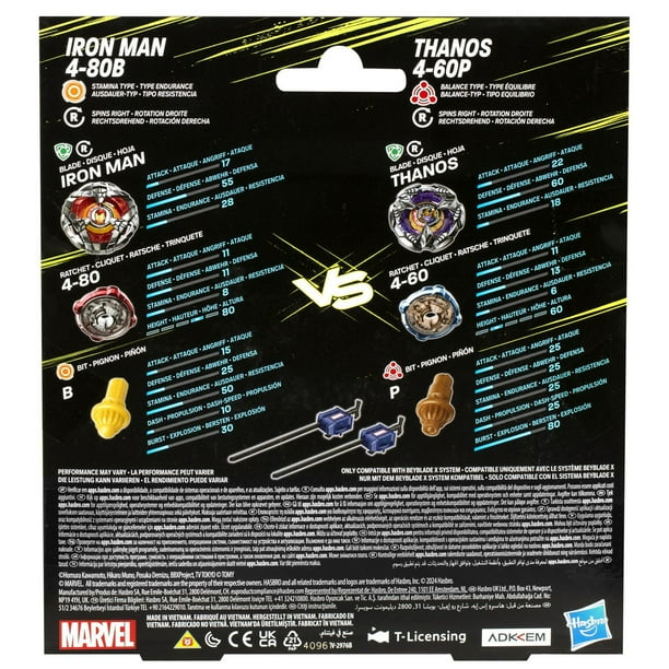 Beyblade X Marvel Collab Iron Man 4-80B vs. Thanos 4-60B Multipack Set - Exclusive - Collectables > Action Figures > toys -  Hasbro