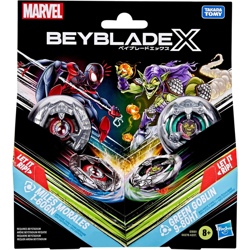Beyblade X Marvel Collab Miles Morales 1-60GN vs. Green Goblin 9-80HT Multipack - Collectables > Action Figures > toys -  Hasbro