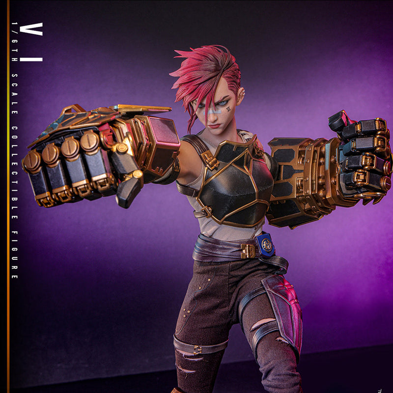 Hot Toys Arcane Vi TMS138 in a forward-punch pose with Hextech Gauntlets — cropped product photograph