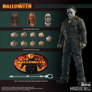 Michael Myers figure with interchangeable heads, hands and display stand