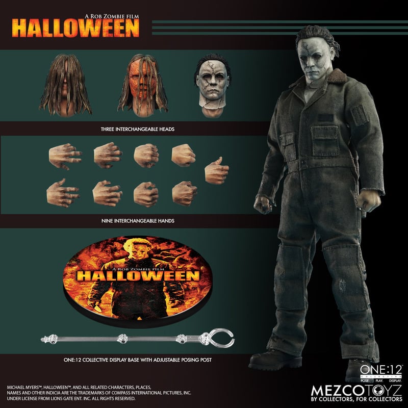 Michael Myers figure with interchangeable heads, hands and display stand