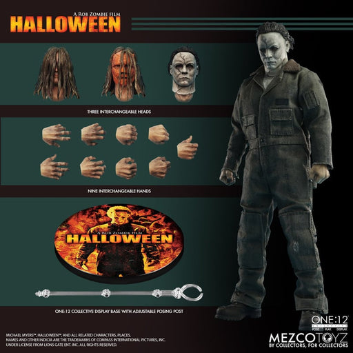 Michael Myers figure with interchangeable heads, hands and display stand