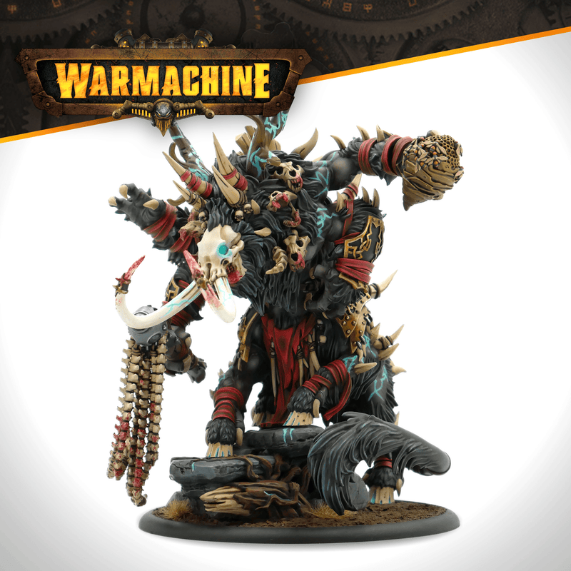 Warmachine Gorger painted miniature with tusked head, flail and hornet's nest