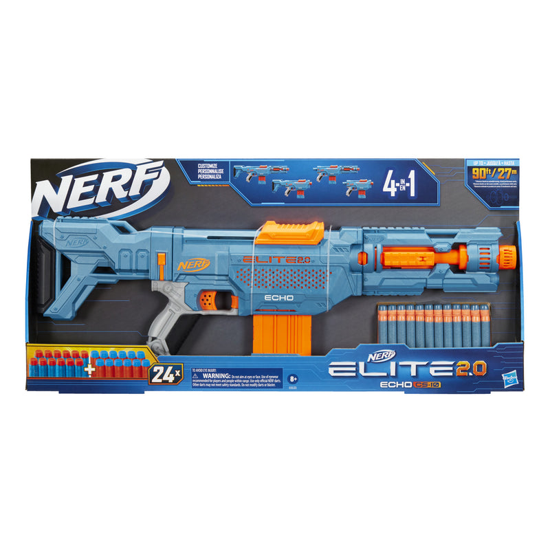 Hasbro Nerf Elite 2.0 Echo CS-10 Blaster, 24 Nerf Darts, 10-Dart Clip, Removable Stock and Barrel Extension, 4 Tactical Rails - Toy Snowman